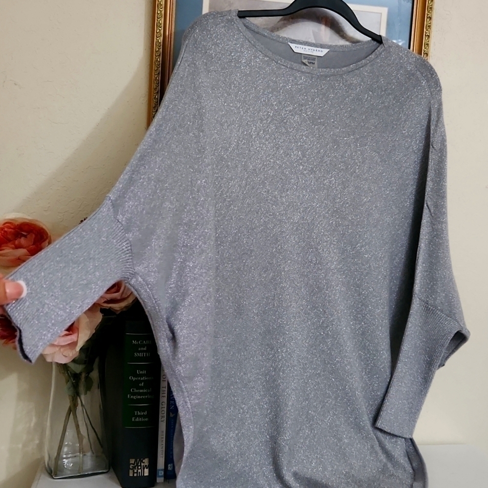 S/M Metalic Poncho Batwing Sweater Gret knit High-Low Career Contemporary - Picture 2 of 12